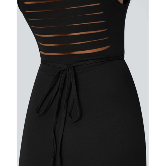 Halara Ribbed Hooded High Neck Sleeveless Cut Out Tie Back 2-Piece Midi Casual D - Picture 7 of 14